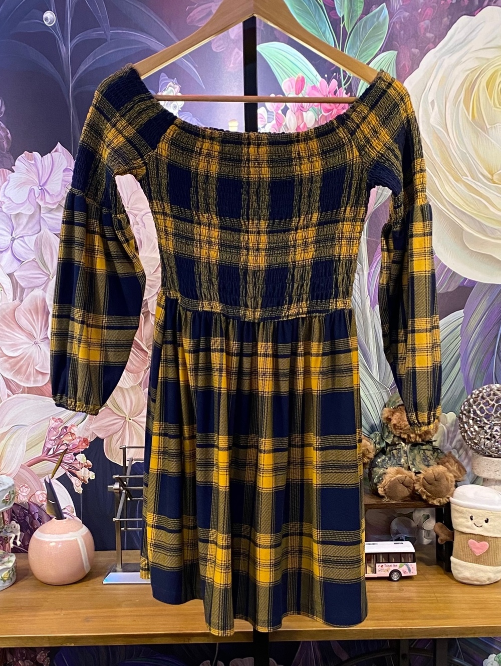 205 Collins Juniors M Plaid Midi Dress Smocked Off Shoulder Cottagecore Mustard